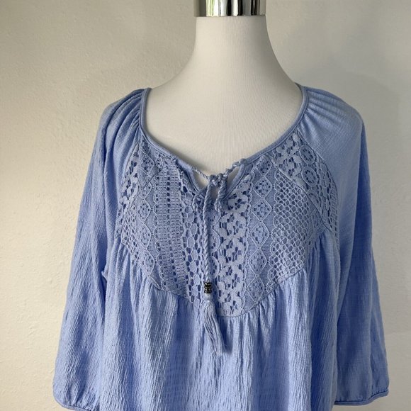 Faded Glory Womans Blouse Top 2X 18W 20W Blue 3/4 Sleeve Embroidered Tassels - Picture 3 of 12